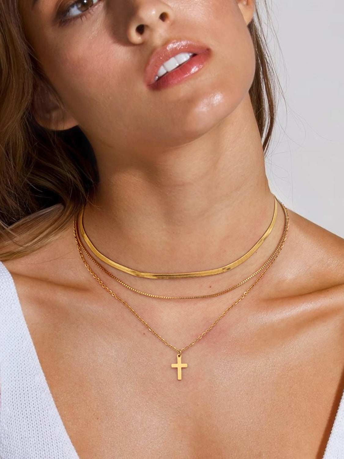 18K Gold-Plated Three-Layered Cross Necklace-Bijou Crush
