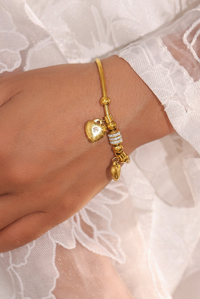 18K Gold-Plated Rhinestone Heart Charm Bracelet-Bijou Crush