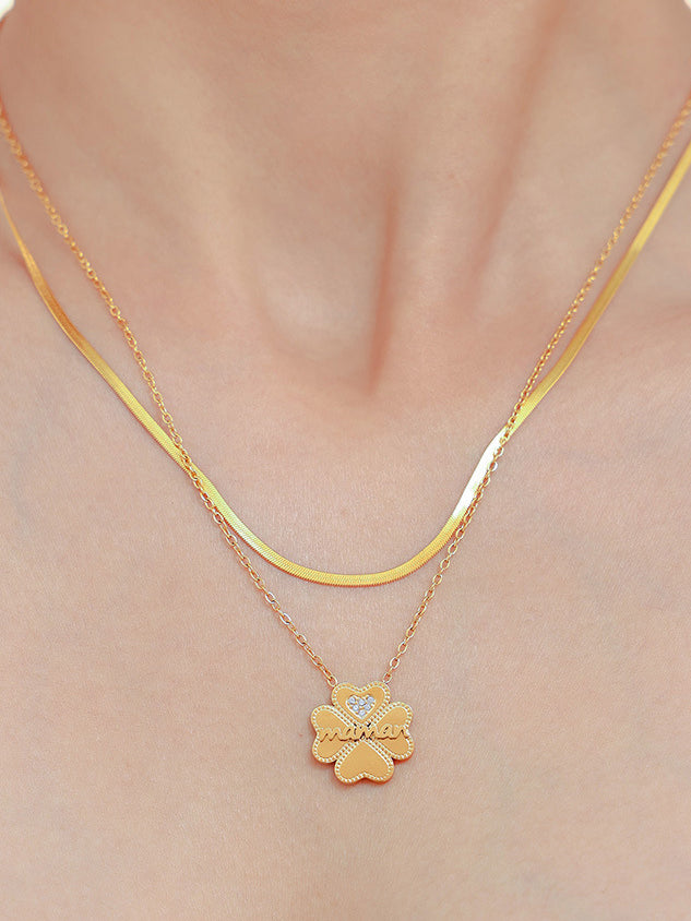 2 Piece 18K Gold-Plated Inlaid Zircon Lucky Clover Necklace-Bijou Crush