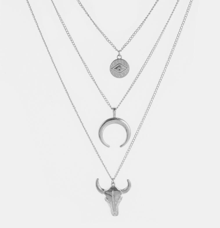 Alloy Three-Layered Bull Head Pendant Necklace-Bijou Crush