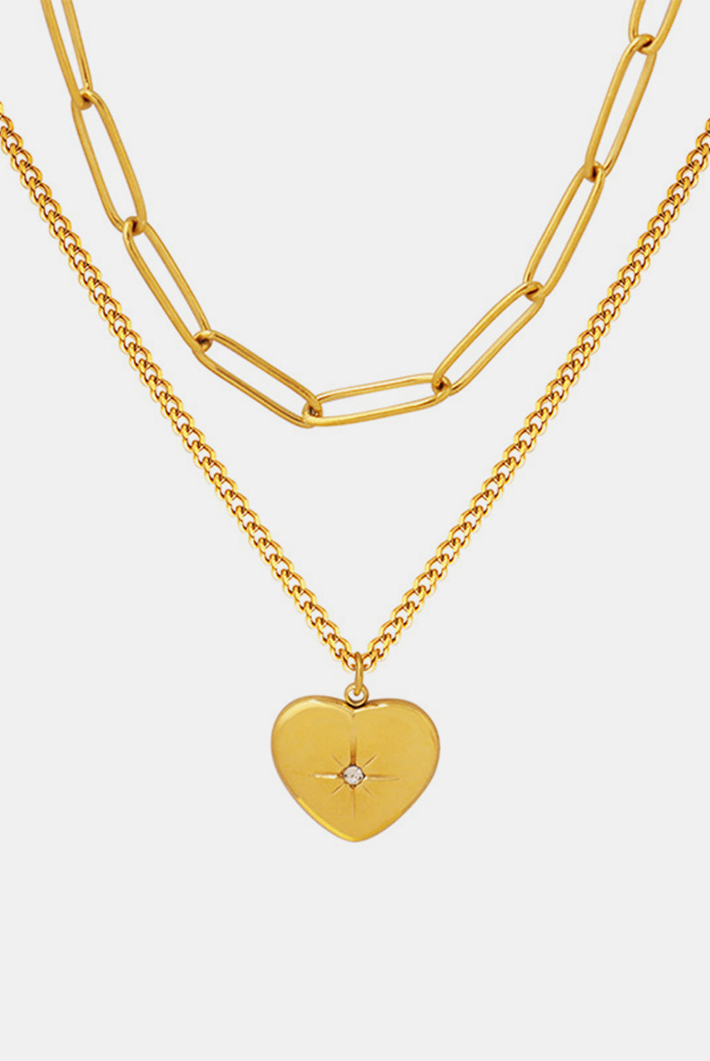 Inlaid Zircon Double Layered Heart Pendant Necklace-Bijou Crush