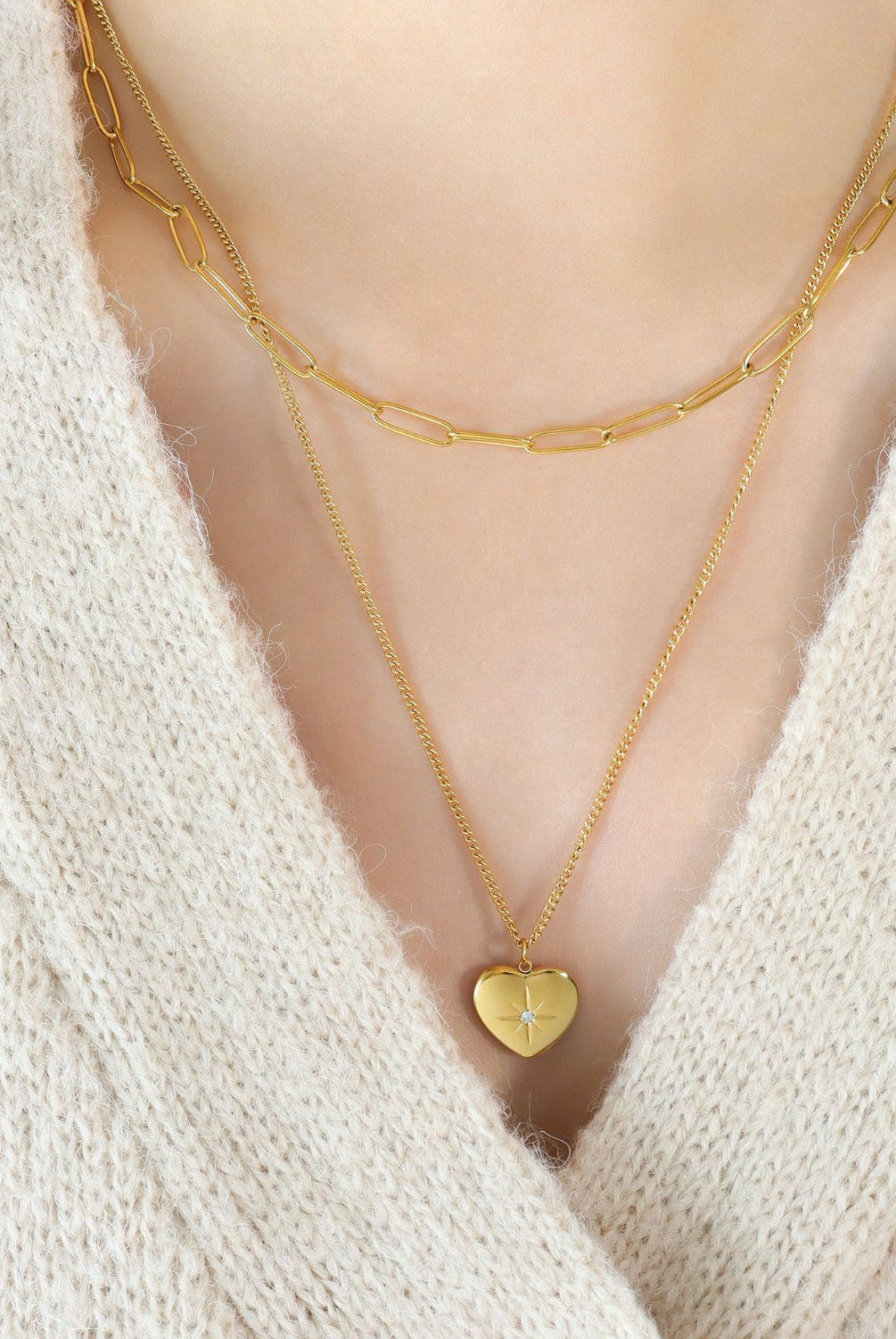 Inlaid Zircon Double Layered Heart Pendant Necklace-Bijou Crush