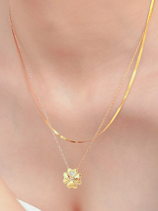 2 Piece 18K Gold-Plated Inlaid Zircon Lucky Clover Necklace-Bijou Crush