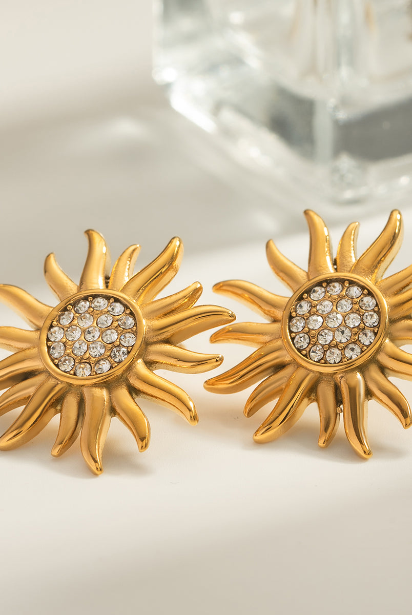 Stainless Steel Inlaid Rhinestone Sun Shape Stud Earrings-Bijou Crush