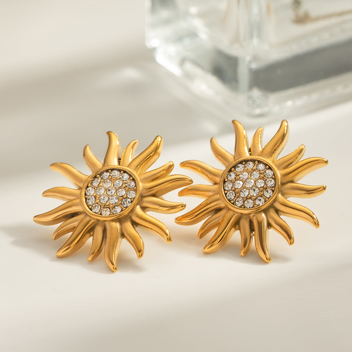 Stainless Steel Inlaid Rhinestone Sun Shape Stud Earrings-Bijou Crush