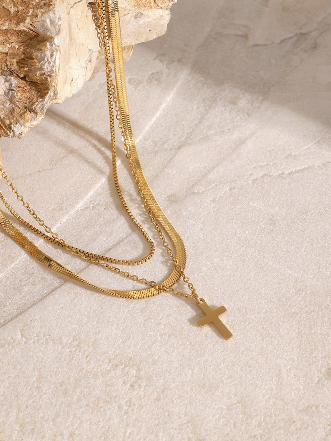 18K Gold-Plated Three-Layered Cross Necklace-Bijou Crush