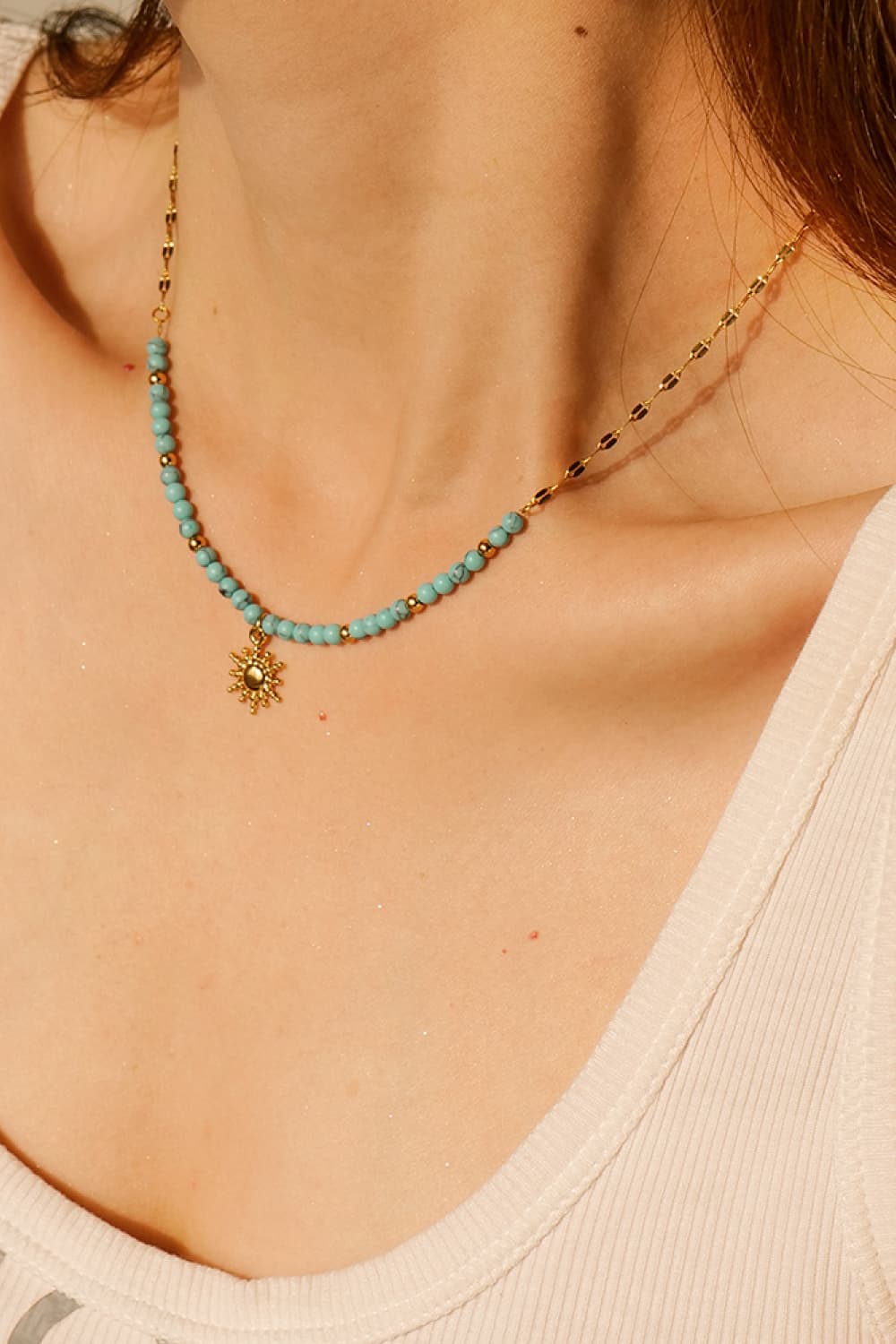 Turquoise Beaded 18K Gold-Plated Sun Shape Pendant Necklace-Bijou Crush