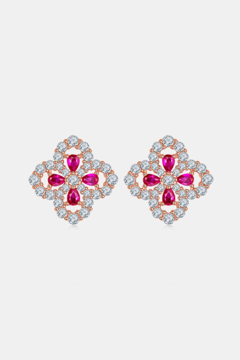 925 Sterling Silver Lab-Grown Ruby Flower Shape Stud Earrings-Bijou Crush