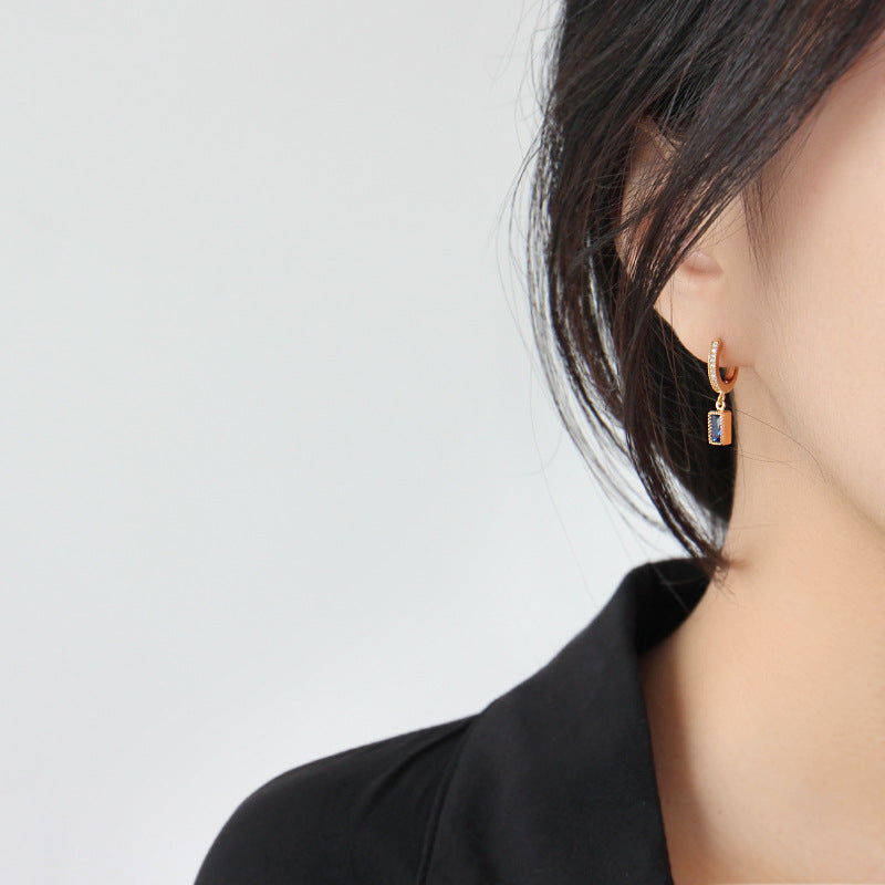 Geometry Blue CZ Rectangle Dangling Earring – 925 Sterling Silver-Bijou Crush