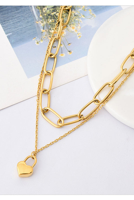 304 Stainless Steel 18K Gold Plated Hip-Hop Inlaid Gold Heart Necklace-Bijou Crush