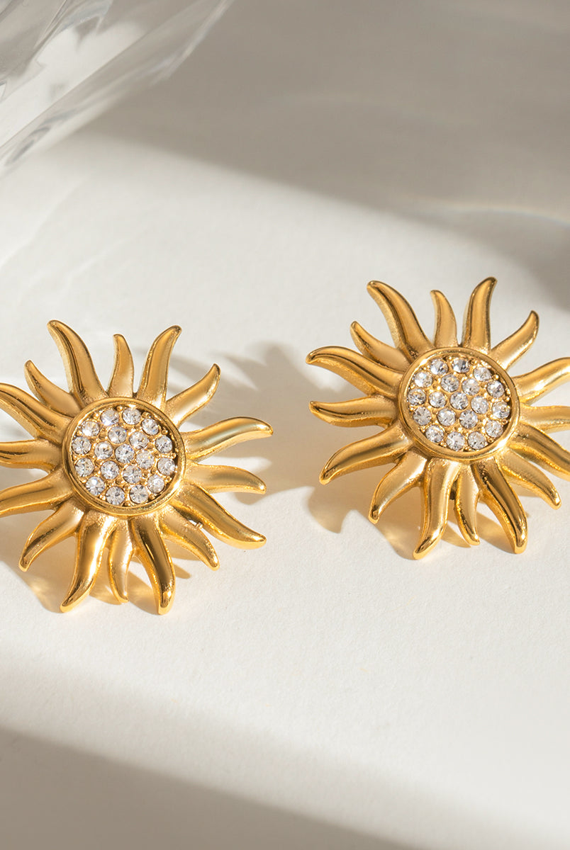 Stainless Steel Inlaid Rhinestone Sun Shape Stud Earrings-Bijou Crush