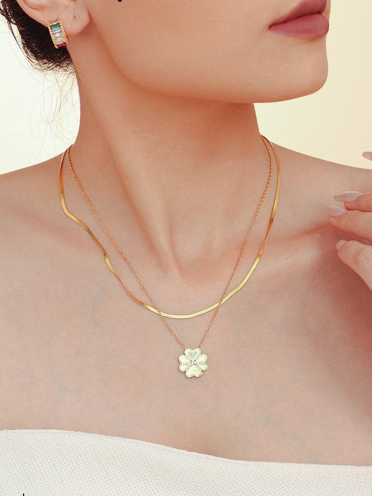 2 Piece 18K Gold-Plated Inlaid Zircon Lucky Clover Necklace-Bijou Crush