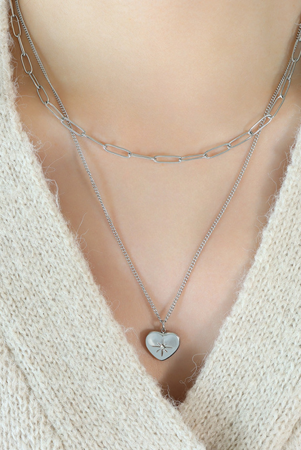 Inlaid Zircon Double Layered Heart Pendant Necklace-Bijou Crush