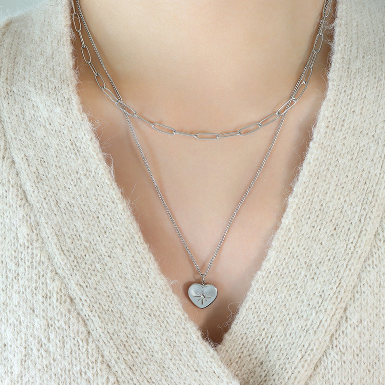 Inlaid Zircon Double Layered Heart Pendant Necklace-Bijou Crush
