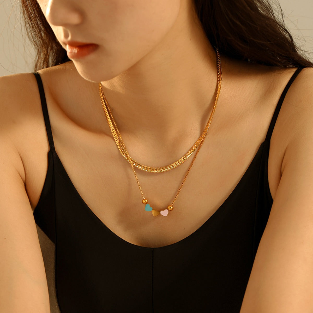 Double Layered Heart Necklace - 18K Gold-Plated-Bijou Crush