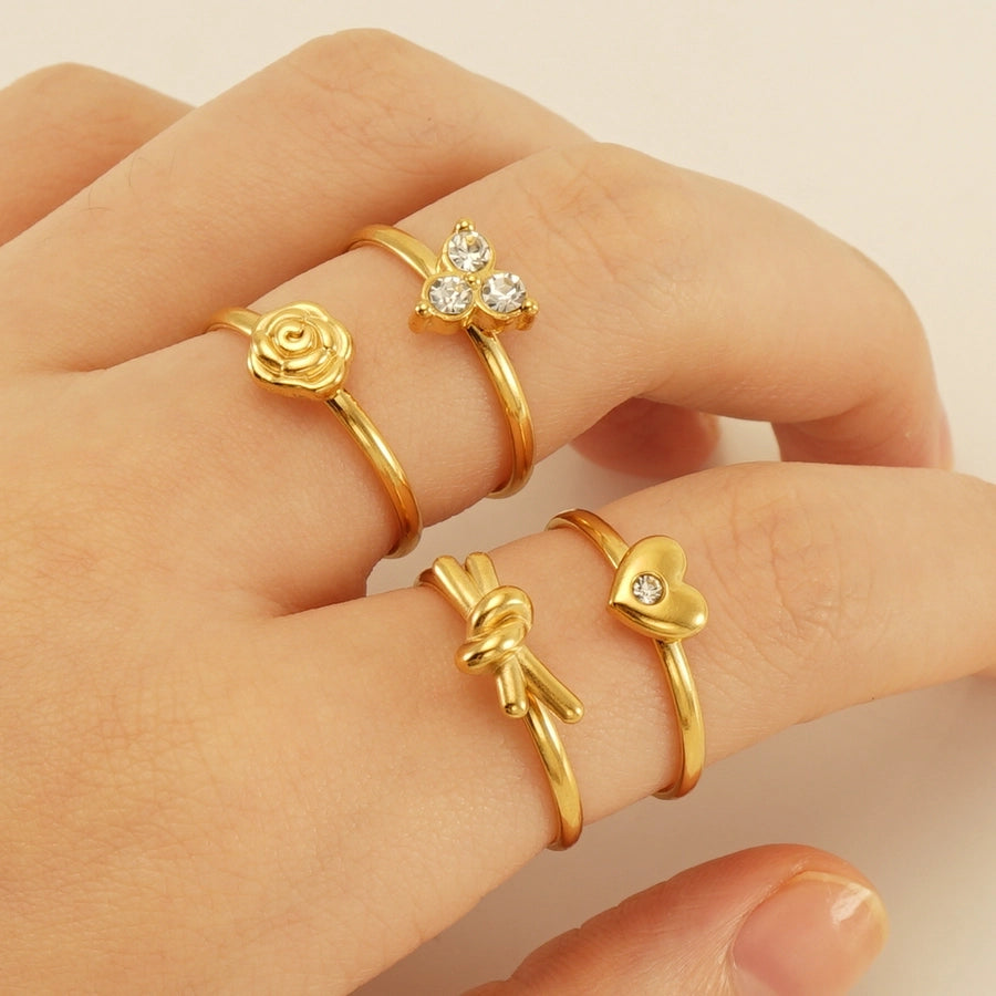 Stainless Steel 18K Gold Plated Simple Style Inlay Heart Shape Knot Flower Rhinestones Open Ring-Bijou Crush