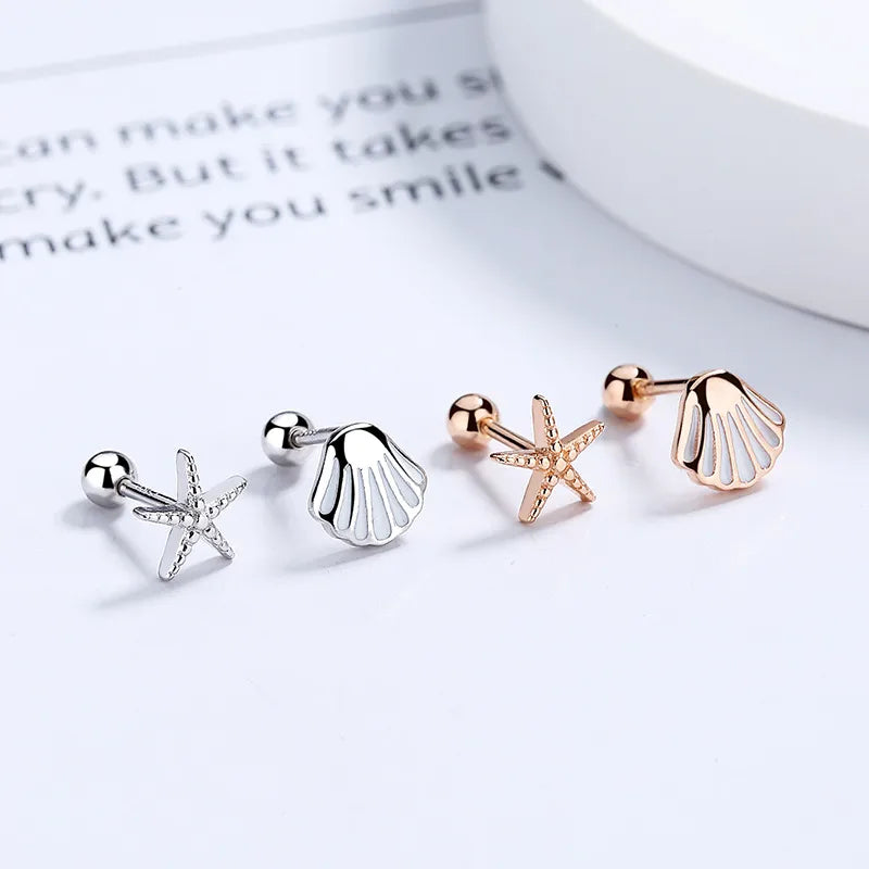 925 Sterling Silver Scallop Starfish Screw Back Stud Earrings-Bijou Crush