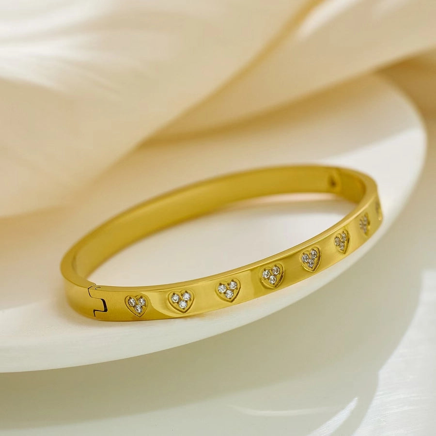 Casual Simple Style Heart Shape Titanium Steel 18K Gold Plated Rhinestones Bangle Bracelets-Bijou Crush