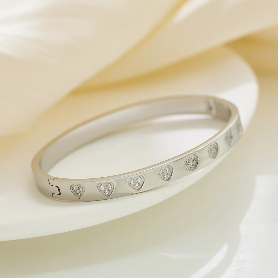 Casual Simple Style Heart Shape Titanium Steel 18K Gold Plated Rhinestones Bangle Bracelets-Bijou Crush