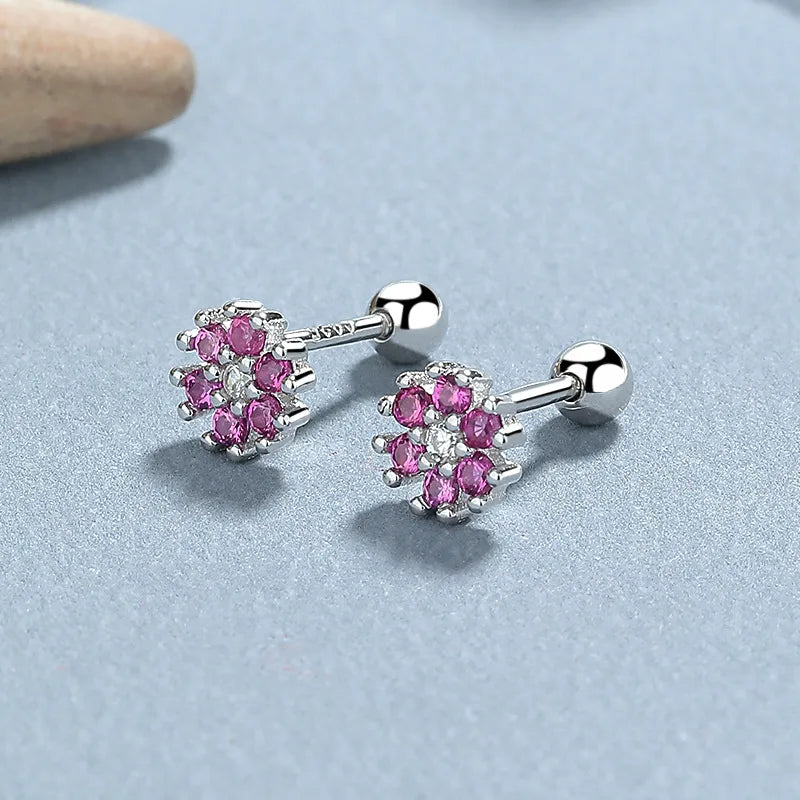 925 Sterling Silver Zircon Flower Screw Back Stud Earrings-Bijou Crush