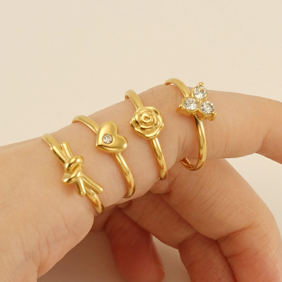 Stainless Steel 18K Gold Plated Simple Style Inlay Heart Shape Knot Flower Rhinestones Open Ring-Bijou Crush