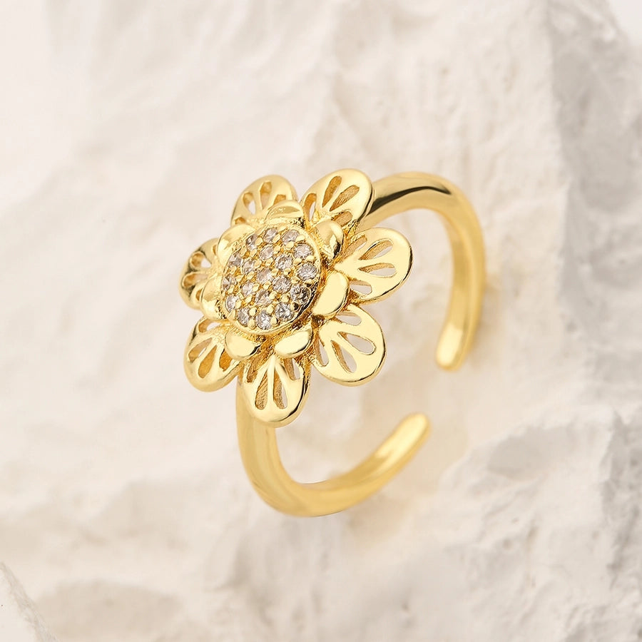 Flower Copper 18K Gold Plated Zircon Open Ring-Bijou Crush