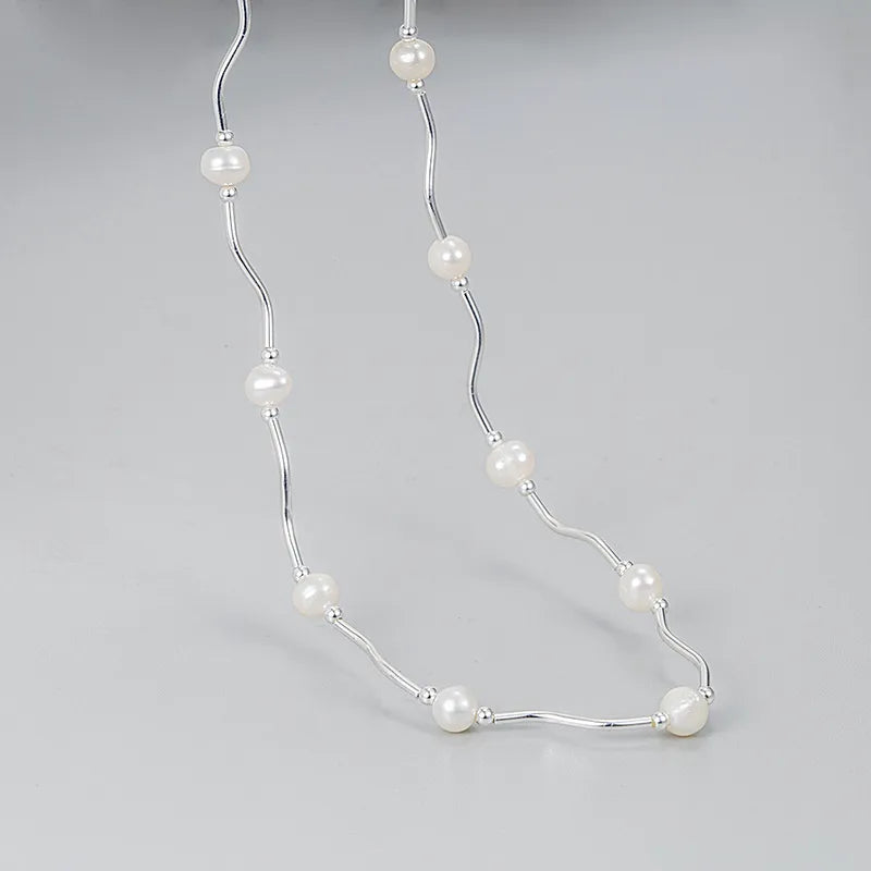 Freshwater Pearl Sterling Silver Waves Pearl Pendant Necklace Choker-Bijou Crush