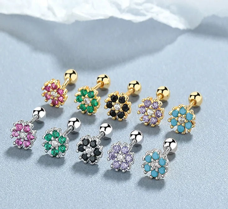 925 Sterling Silver Zircon Flower Screw Back Stud Earrings-Bijou Crush