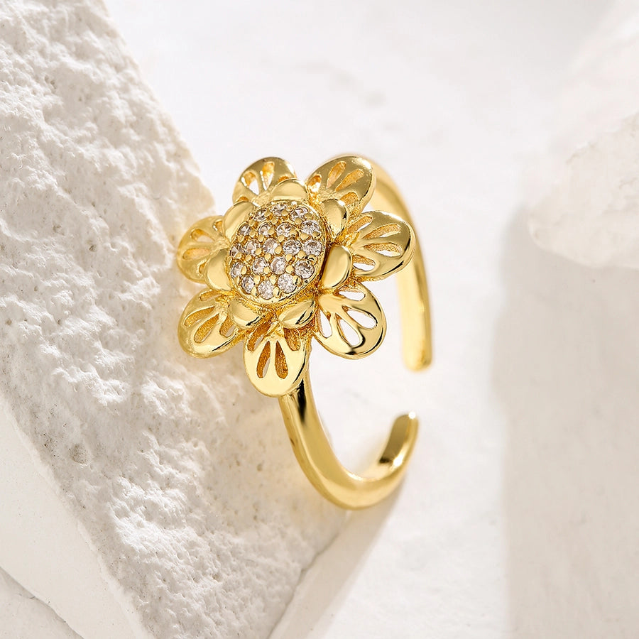 Flower Copper 18K Gold Plated Zircon Open Ring-Bijou Crush