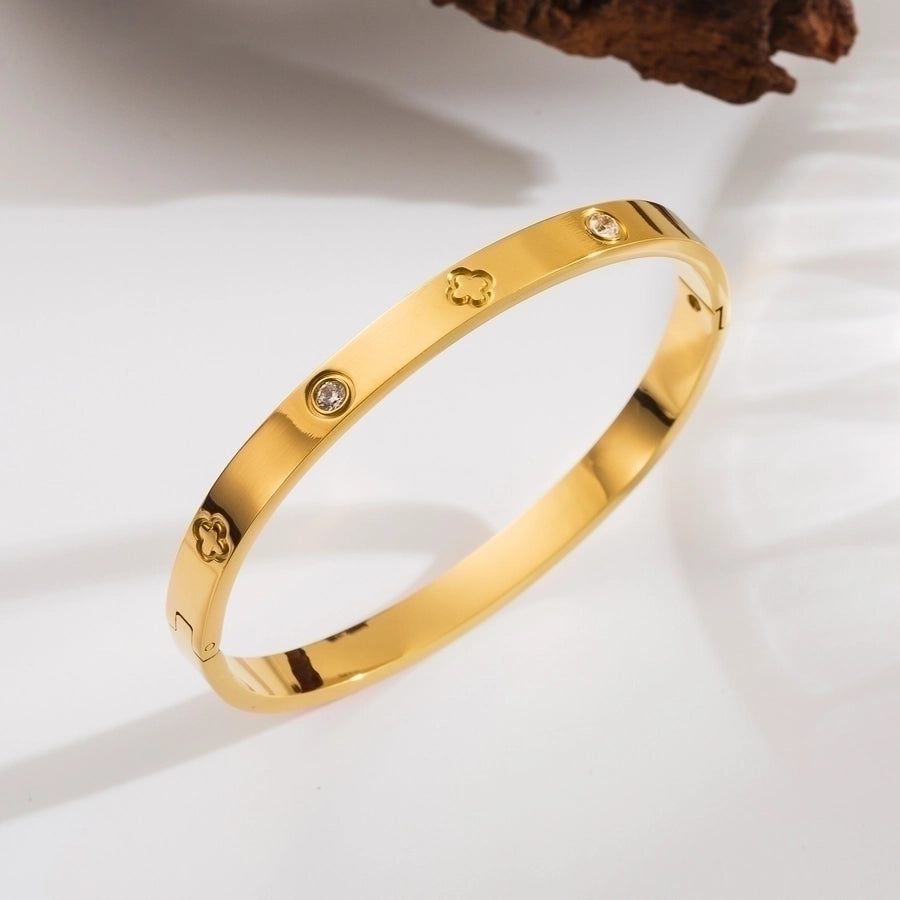 French Style Four Leaf Clover Heart Shape Flower 304 Stainless Steel 18K Gold Plated Zircon Bangle-Bijou Crush