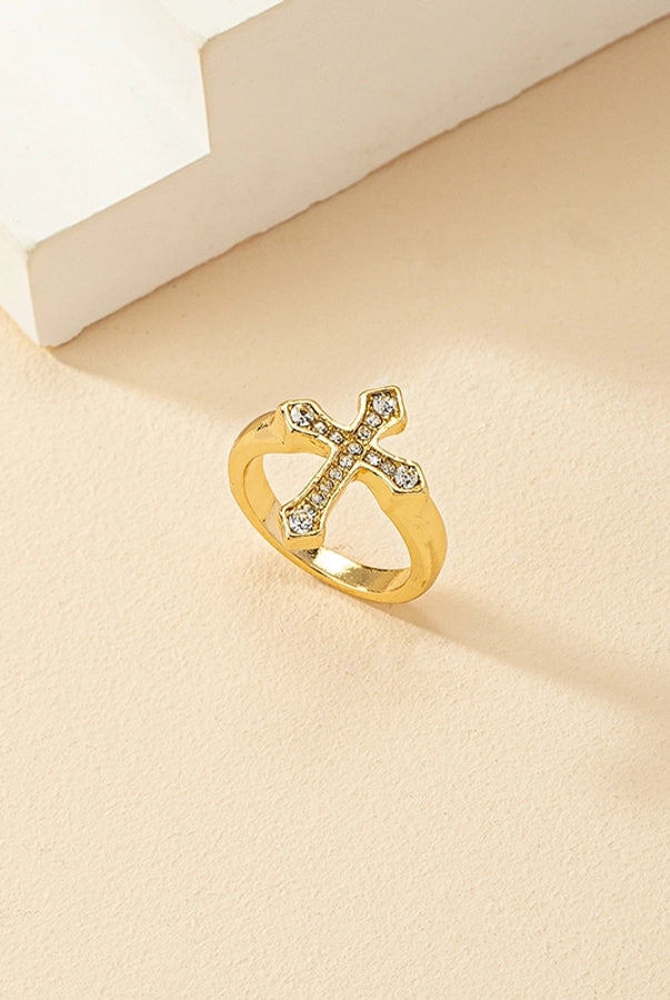 Chic Geometric Cross Ring with Rhinestone Inlay – Simple & Sparkly-Bijou Crush