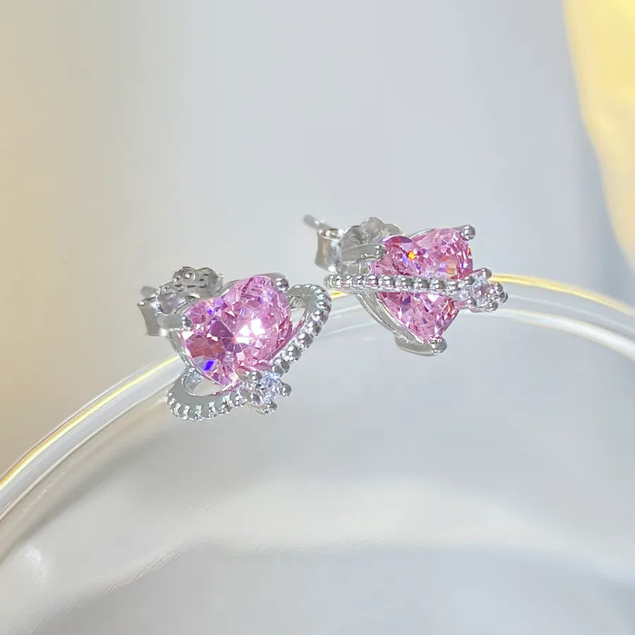 White Gold Plated 925 Sterling Silver Zircon Heart Shape Ear Studs-Bijou Crush