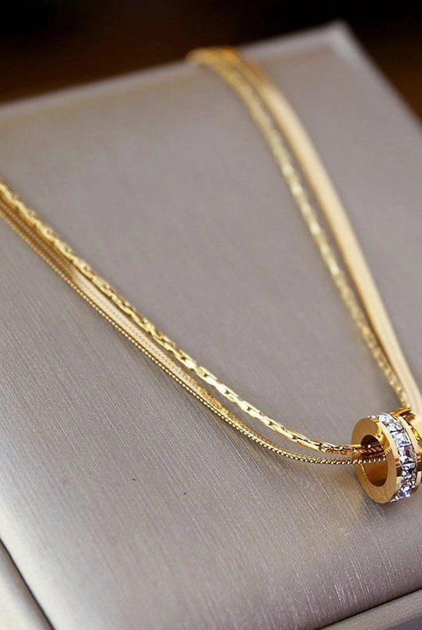 Classy Style Circle Titanium Steel Zircon Inlay Double Layer Necklaces-Bijou Crush