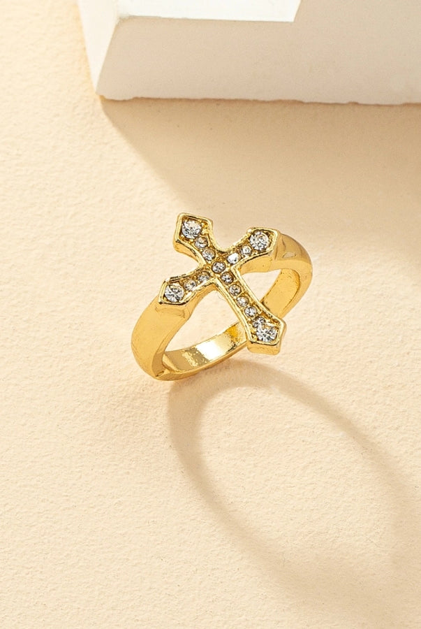 Chic Geometric Cross Ring with Rhinestone Inlay – Simple & Sparkly-Bijou Crush