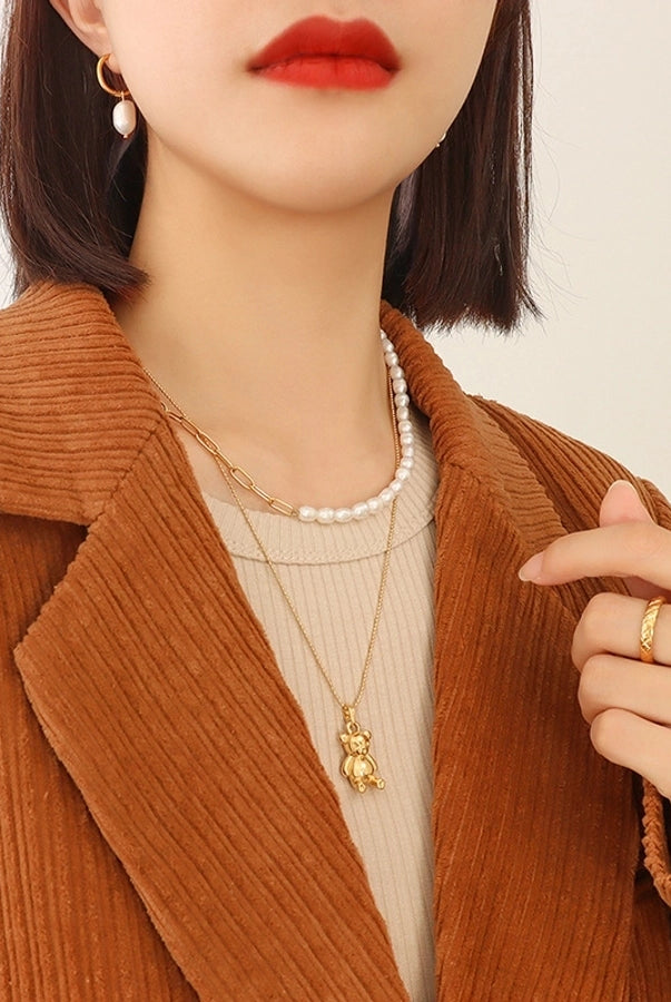 French Style 304 Stainless Steel 18K Gold Plated Plating Teddy Bear Necklace-Bijou Crush