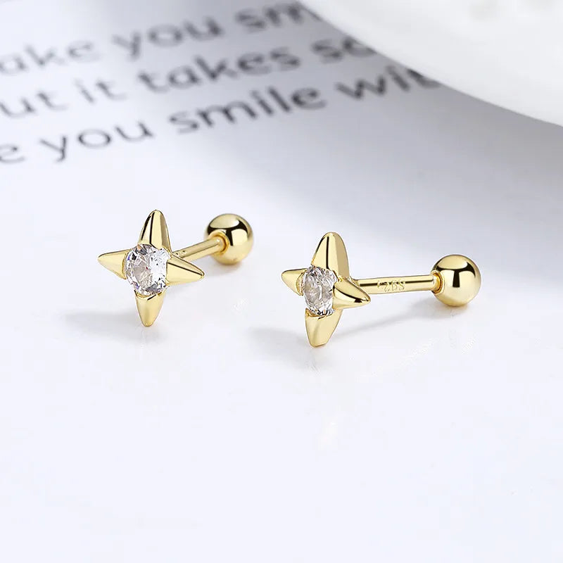 925 Sterling Silver Zircon Sun Star Screw Back Stud Earrings-Bijou Crush