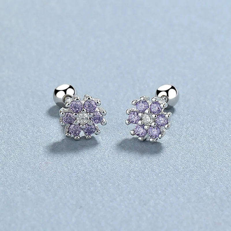 925 Sterling Silver Zircon Flower Screw Back Stud Earrings-Bijou Crush