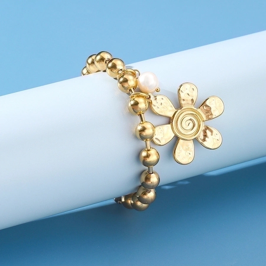 304 Stainless Steel 24K Gold Plated Sweet Classic Style Beaded Inlay Flower Pearl Bracelets-Bijou Crush