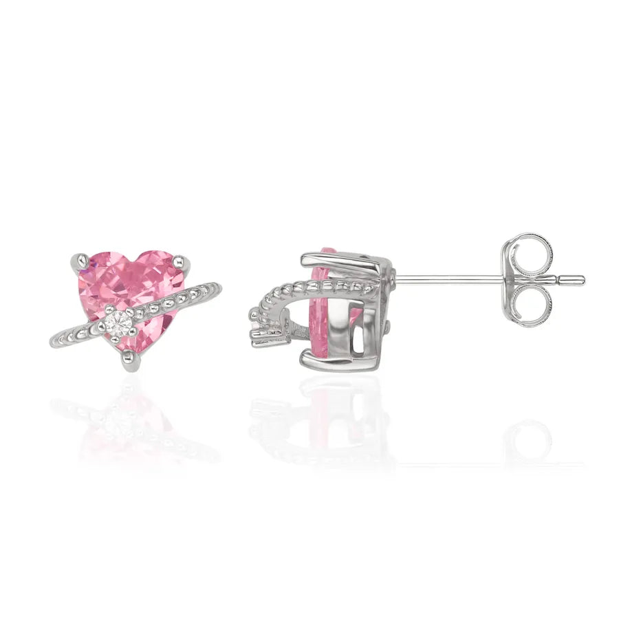 White Gold Plated 925 Sterling Silver Zircon Heart Shape Ear Studs-Bijou Crush