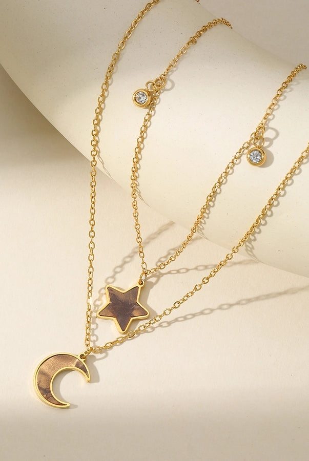 Cosmic Vibes: Star & Moon Double Layer Necklace – Gold-Plated Stainless Steel Shine-Bijou Crush