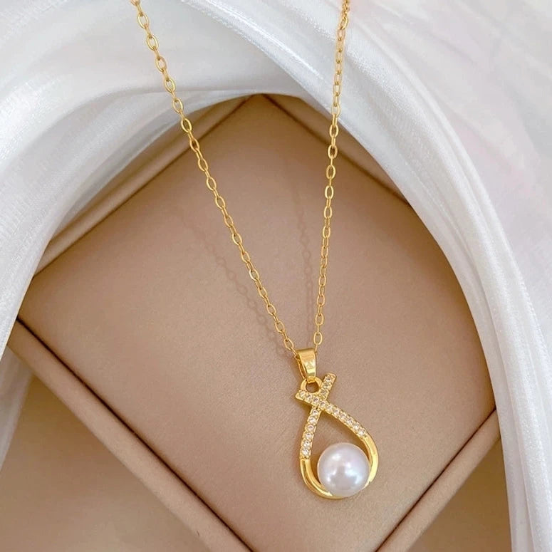 Luxurious Classic Style Artistic Water Droplets Necklace & Earrings – Titanium Steel with Copper Inlay, Artificial Pearls & Zircon-Bijou Crush