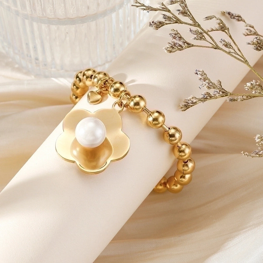 304 Stainless Steel 24K Gold Plated Sweet Classic Style Beaded Inlay Flower Pearl Bracelets-Bijou Crush