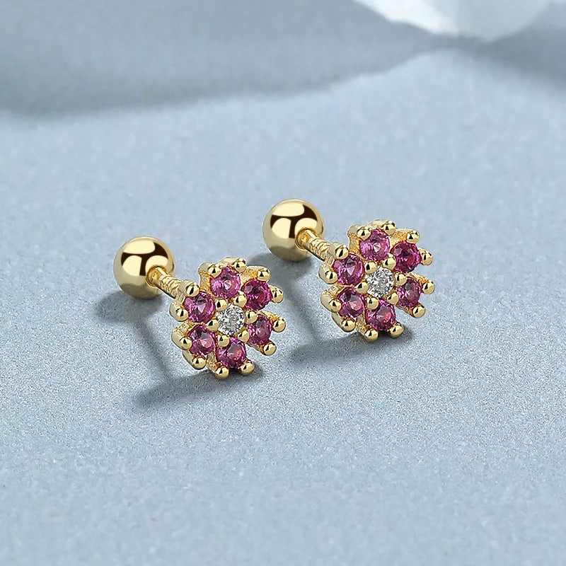 925 Sterling Silver Zircon Flower Screw Back Stud Earrings-Bijou Crush