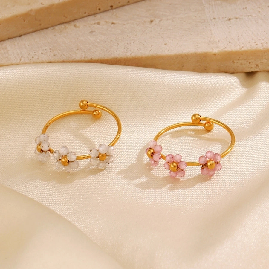Sweet Flower 304 Stainless Steel 18K Gold Plated Beaded Knitting Open Rings-Bijou Crush