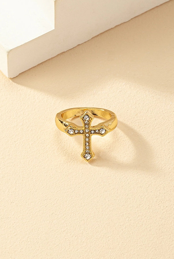 Chic Geometric Cross Ring with Rhinestone Inlay – Simple & Sparkly-Bijou Crush
