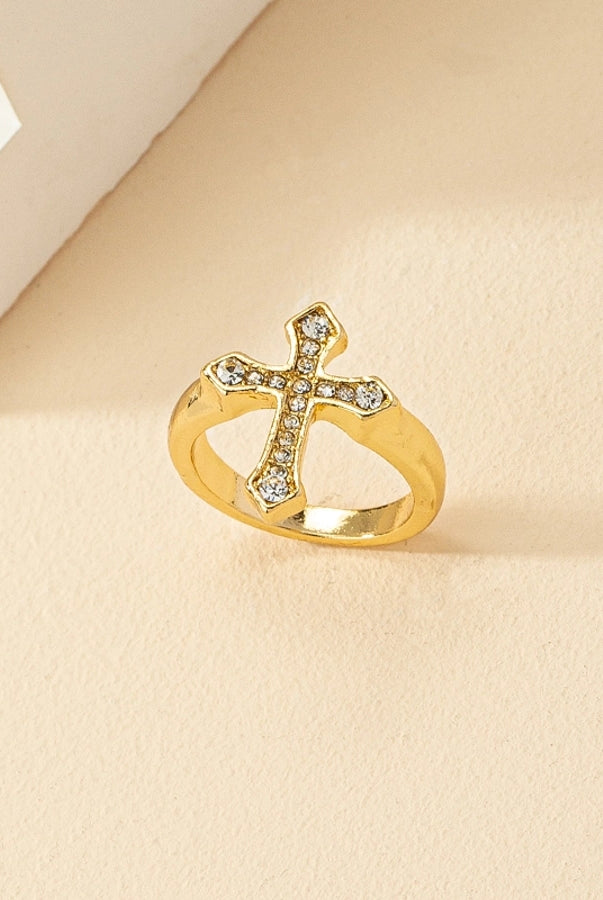 Chic Geometric Cross Ring with Rhinestone Inlay – Simple & Sparkly-Bijou Crush