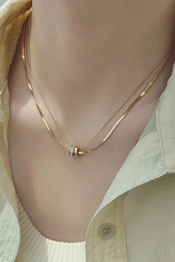 Classy Style Circle Titanium Steel Zircon Inlay Double Layer Necklaces-Bijou Crush