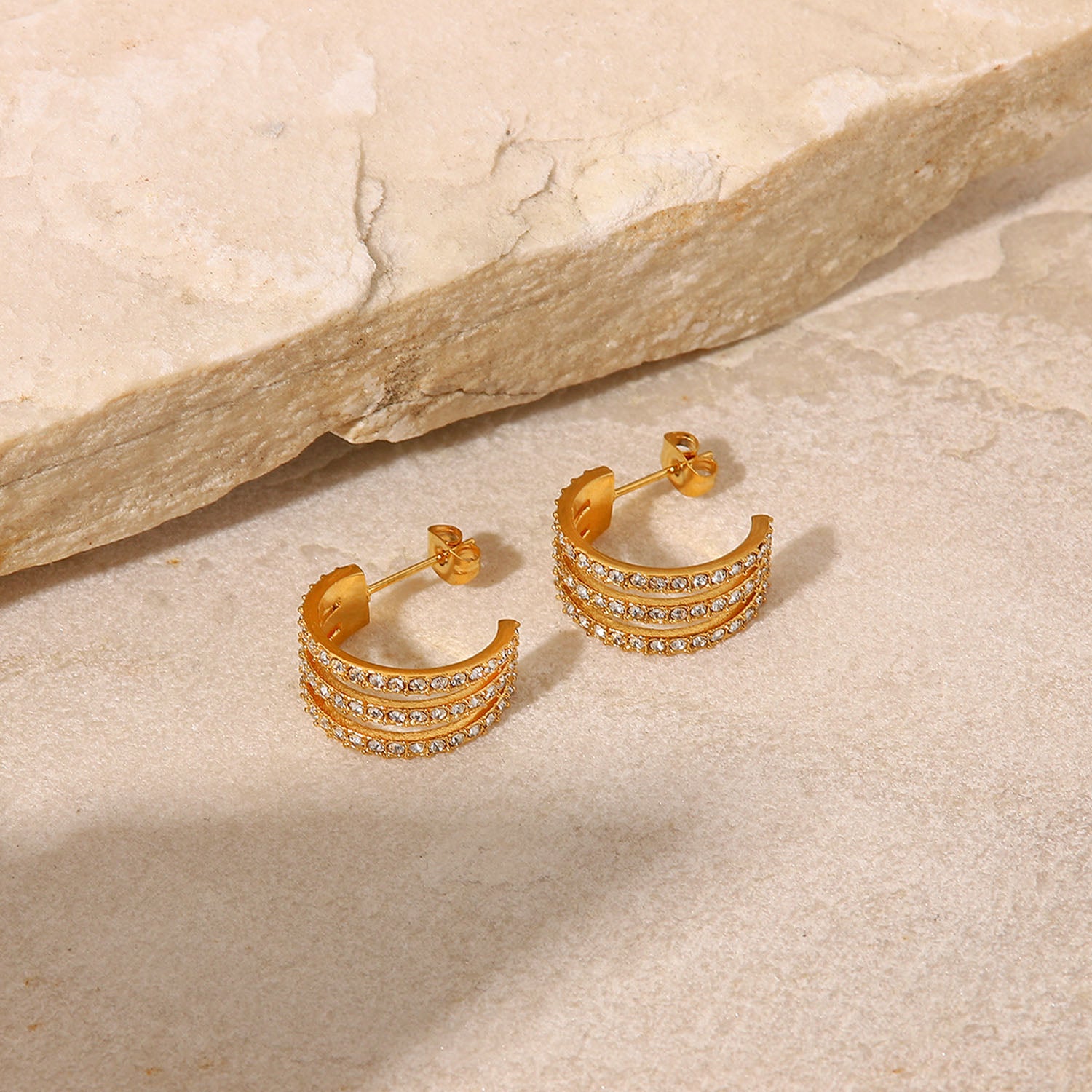 Stainless Steel Inlaid Zircon C-Hoop Earrings-Bijou Crush