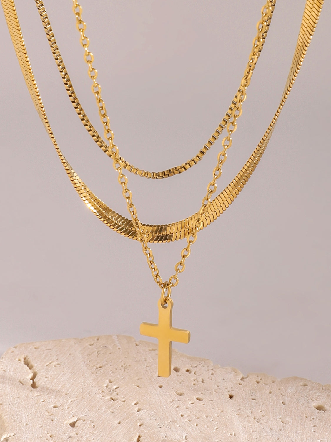 18K Gold-Plated Three-Layered Cross Necklace-Bijou Crush