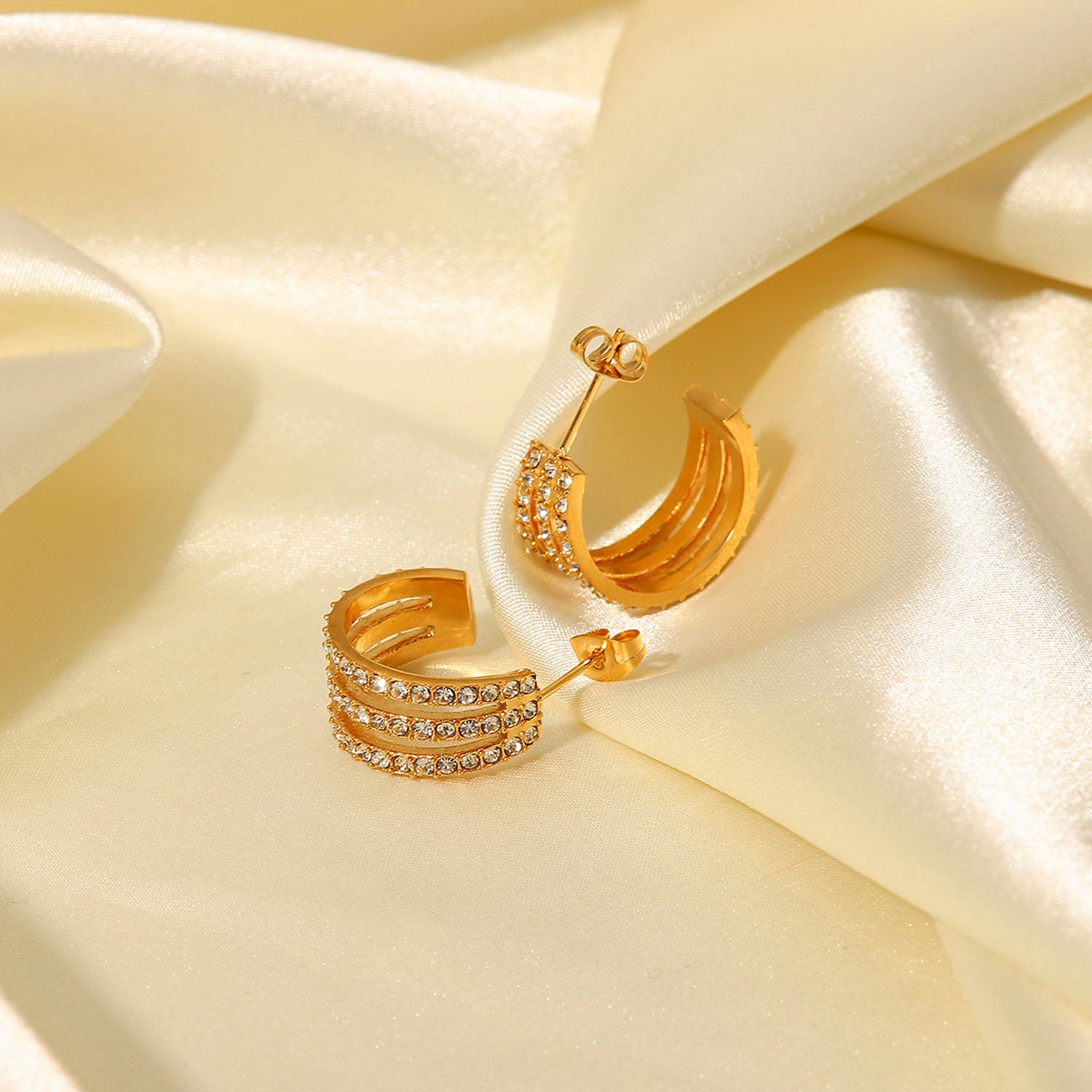 Stainless Steel Inlaid Zircon C-Hoop Earrings-Bijou Crush